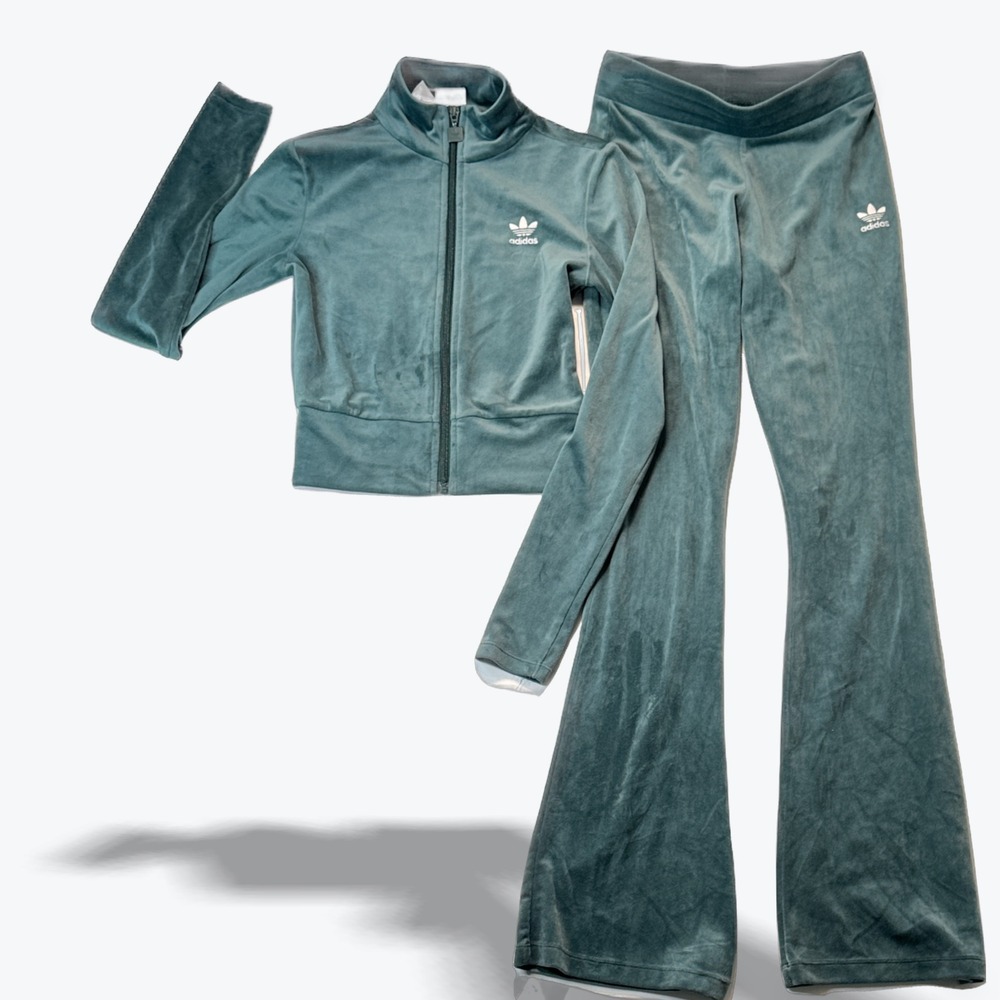 Adidas Velour Tracksuit Cropped Full Zip Jacket Flare Pants Women XS Teal Green